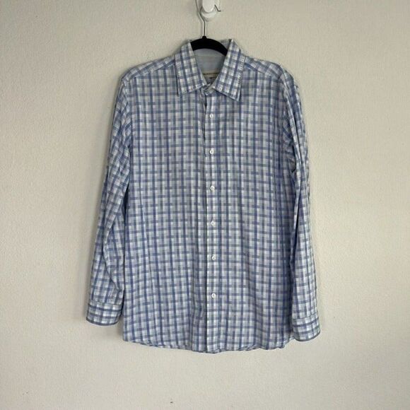 Pronto Uomo Other - PRONTO UOMO Mens Cotton Long Sleeve Button Up Blue Plaid Abstract Shirt Large